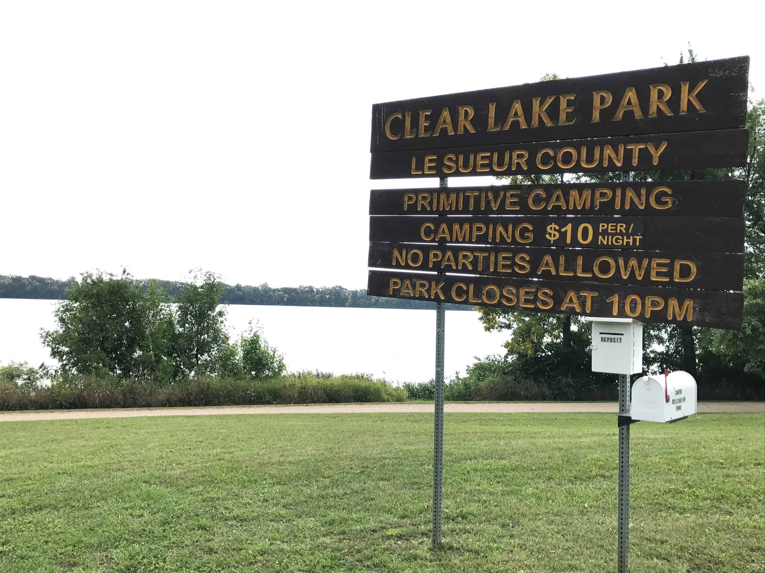 Clear Lake Park Le Sueur County Primitive Camping $10 per night, no parties allowed, park closes at 